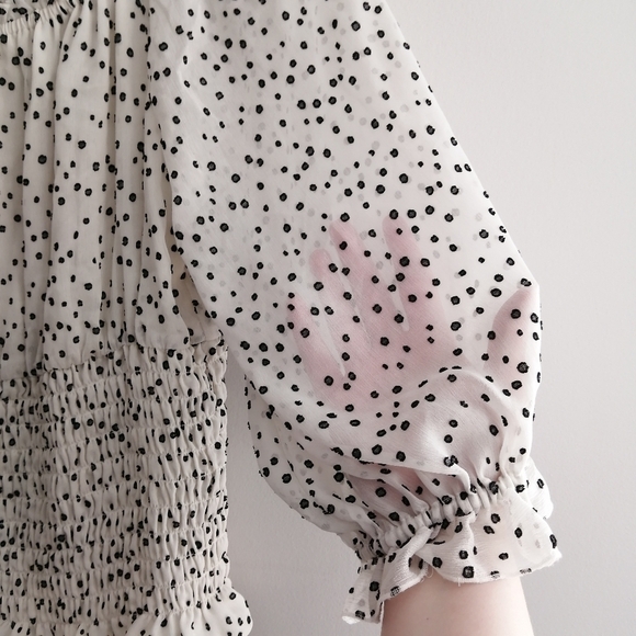 By Anthropologie Lucia Off the Shoulder Polka Dot Smocked Blouse Large - Picture 7 of 16